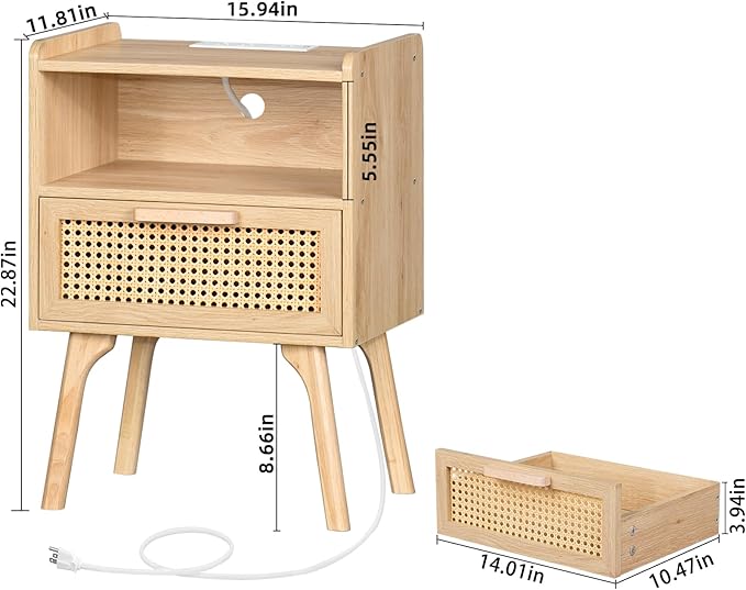 Lerliuo Rattan Nightstand with Charging Station, Boho Night Stand with Handmade Natural Rattan Drawer and Open Shelf, Cane Accent Side End Tables with Solid Wood Legs for Bedroom, Dorm, Small Spaces-Ruum Studio Home