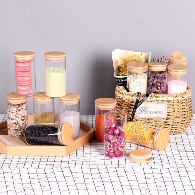 12 Pcs Glass Spice Jars - 8.5oz Empty Small Glass Bottles with Bamboo Airtight Lids and Labels - Thicken Seasoning Spice Containers for Kitchen Organization and Storage…-Ruum Studio Home