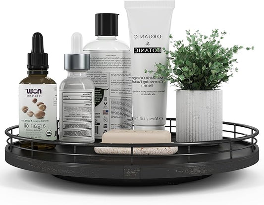 12" Oak Bathroom Vanity Tray Turntable for Perfume Candle, Round Wooden Decorative Tray for Kitchen Sink Countertop Organizer, Bathroom Counter Organizer for Skincare Makeup, Farmhouse Black Gold-Ruum Studio Home
