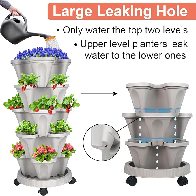 Vertical Planter 5 Tier Stackable Planters Garden Planters Strawberry Herb Flower and Vegetable Planter Indoor Outdoor Gardening Pots with Removable Wheels and Tools-Ruum Studio Home