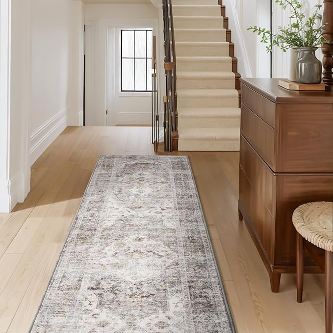 AMOAMI-2X10 Runner Rug-Washable Runners for Hallways-Soft Non Slip Bedside Rugs for Bedroom-Vintage Long Rug for Hallways Entryway Laundry Room Stair Kitchen Bathroom Grey-Ruum Studio Home