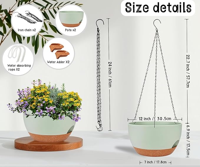 2 Pack 12 Inch Large Hanging Planters with Chains Self Watering Green Brown Plastic Hanging Pots for Indoor Outdoor Plants, Garden Porch Home Decor，Green Brown-Ruum Studio Home