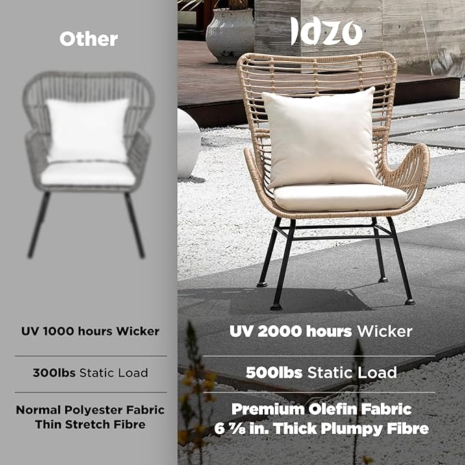 IDZO Isabelle Upgraded 2000 Hours UV Wicker Chairs Outdoor Set of 2, 500 lbs Capacity Outdoor Patio Chair, All-Weather Club Chair with Water-Resistant Olefin Cushions, Boho Style, Beige-Ruum Studio Home