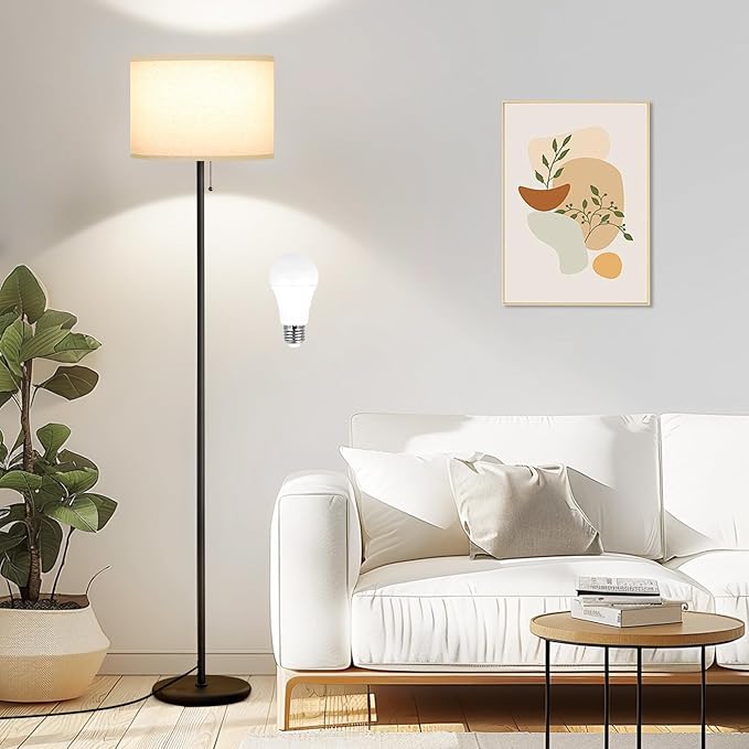 Ambimall Floor Lamps for Living Room with 3 Color Temperatures Bulb & Pull Chain Switch, 60" Modern Standing Floor Lamp for Bedroom Kids Room Study Room（Dark Beige Shade & Black Pole）-Ruum Studio Home