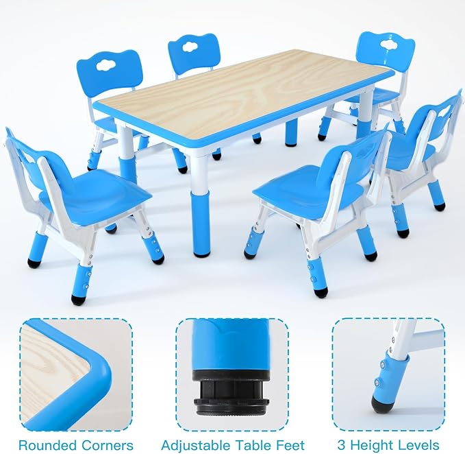 Kids Study Table and 6 Chairs Set,Height Adjustable Table and Chairs for Children and Toddlers,47.2"X23.6"Graffiti Desktop,Suitable for Daycare,Classrooms, Home-Ruum Studio Home