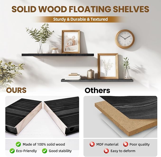 Floating Wall Shelves 2-Pack - 36-Inch Rustic Black Wooden Shelves for Storage and Décor, Easy Installation for Living Room, Bedroom, and Kitchen-Ruum Studio Home