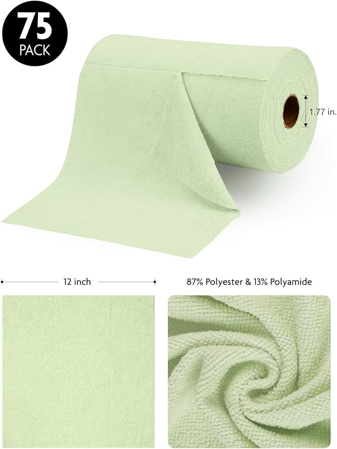 Fantasticlean Microfiber Cleaning Cloth Roll -75 Pack, Tear Away Microfiber Towels, 12" x 12", Reusable, Washable, Scratch Free, Ultra Absorbent Dish Rags for Car, Home, Garage or Shop (Green)-Ruum Studio Home