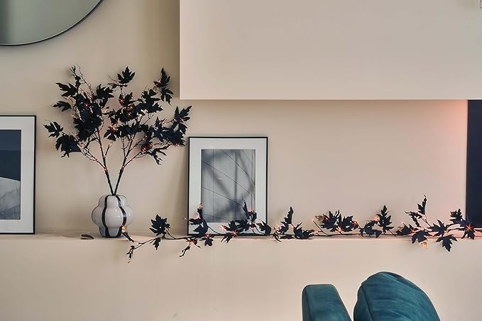 Birchlitland Halloween Black Maple Garland with Lights Timer 48 LED Orange and Warm White Fairy Lights, Battery Operated for Indoor and Outdoor Halloween Party Decoration-Ruum Studio Home