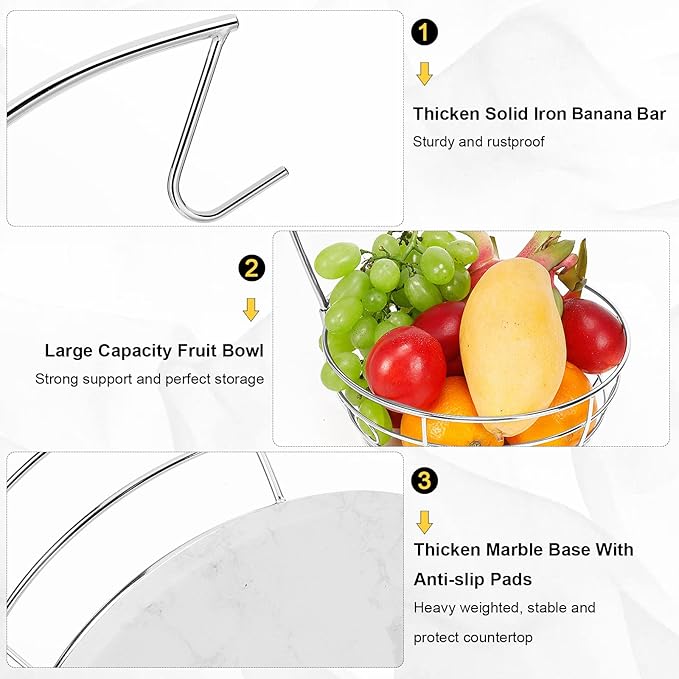 Livabber Countertop Fruit Basket Bowl with Banana Hanger, Modern Standing Fruit Vegetable Bowl Storage, with Banana Tree Holder for Kitchen Dinning Table (Round Marble, Chrome)-Ruum Studio Home