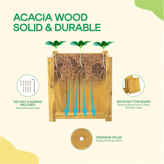 IDZO Acacia Wood Flower Planter Box for Outdoor Plants, 1pc Wooden Raised Garden Bed with Handles, Drainage Holes, Ideal for Garden and Home Décor, Golden Teak-Ruum Studio Home