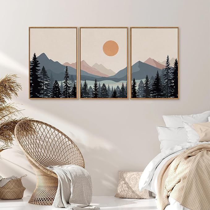 Tinonedraw Boho Mountain Framed Canvas Wall Art Set of 3, Watercolor Nature Landscape Art Prints, Modern Sunrise Art Paintings, Black Pines Tree Forest Wall Decor for Living Room Bedroom Office 16"x24"x3-Ruum Studio Home