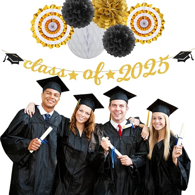 Black Gold Party-Decoration Graduation Banner - 14pcs Kits Cap Garland Streamers, Paper Tissue Pom Poms Flowers Fans Honeycomb,Class Of 2025 College High School Grad Decor Hugfond-Ruum Studio Home