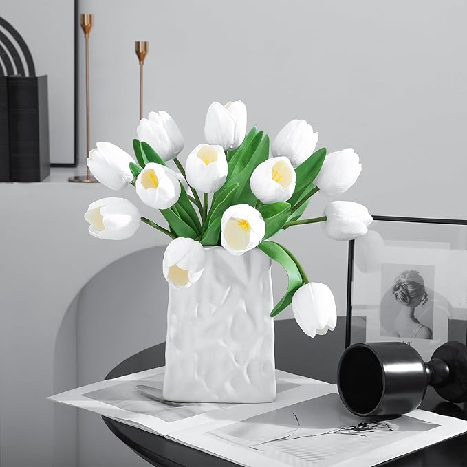 White Artificial Tulips, 2 Bundles 14Pcs, Fake Tulips Artificial Flowers, 2 x 2.4 Inch Large Flower Head Big Tulip, Easter Valentine's Day Mother's Day Home Decoration Flowers-Ruum Studio Home