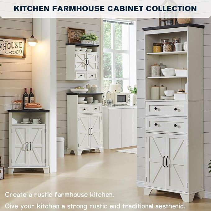 Corner Bathroom Cabinet, Farmhouse Small Corner Cabinet with Barn Door & Adjustable Shelf, Storage Cabinets for Bathroom, Kitchen, Living Room, Off White-Ruum Studio Home
