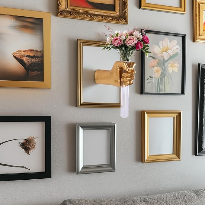 Gold Wall Sculptures, Hand Vases Home Decor, Wall Mount Art Sculpture, Unique Wall Art Statue, Funky Flower Vase Decorations, Modern Eclectic Hanging Decor,Glass Test Tube Vase-Ruum Studio Home
