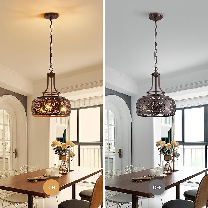 WUZUPS Chandelier Rustic Farmhouse Industrial Round Ceiling Pendant LED Light Fixture with Later-Cut Openwork Drum Shade, H 15.7" x W 13.4", Oil Rubbed Bronze-Ruum Studio Home