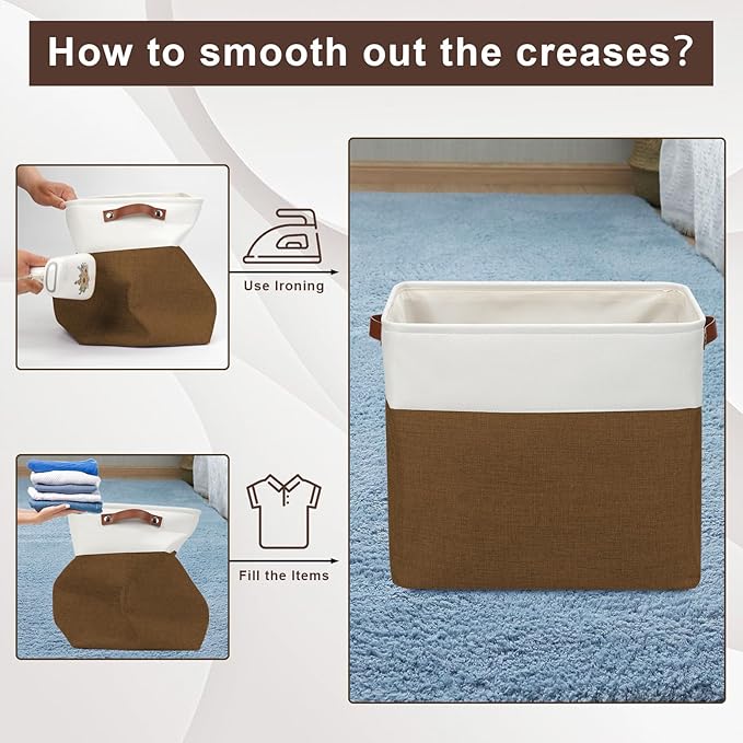Large Fabric Storage Baskets | 50L Storage Bins, Decorative Linen Closet Baskets with Handles for Organizing, Shelf, Toys, Clothes, Home, Office, Nursery, 17x12x15Inches (Brown&White)-Ruum Studio Home
