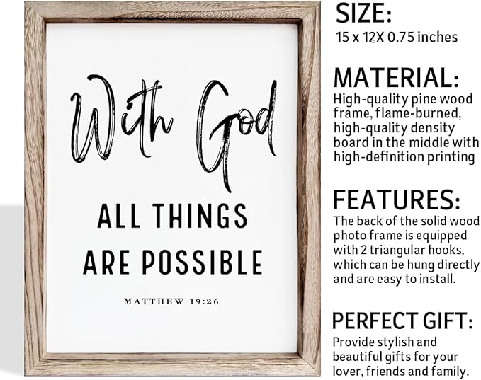 Christian Wooden Wall Signs, Religious Home Decor, Farmhouse Decor for Home Office, Christian Gift, Hanging Framed Wall Plaque 15 * 11.5 inches, With God All Things are Possible Sign-Ruum Studio Home