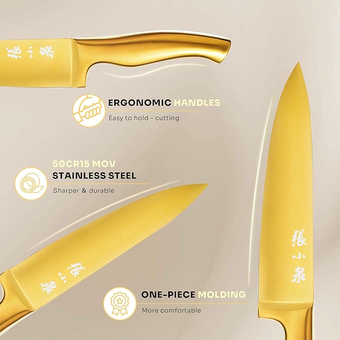 ZHANG XIAO QUAN SINCE 1628 15Pcs Knife Sets with Block, 50Cr15MoV Stainless Steel kitchen knife set with Built-in Sharpener Dishwasher Safe(Golden)-Ruum Studio Home