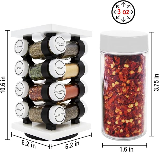 Orii Spice Rack 16 Jar Set White Filled with Spices - Rotating Standing Rack Shelf Holder & Countertop Spice Rack Tower Organizer for Kitchen Spices-Ruum Studio Home