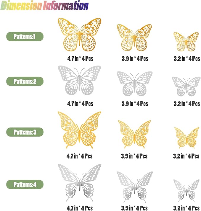 SAOROPEB 3D Butterfly Wall Decor 48 Pcs 4 Styles 3 Sizes, Butterfly Birthday Decorations Party Decorations Cake Decorations Wedding Decor, Removable Stickers (Gold, Silver)-Ruum Studio Home