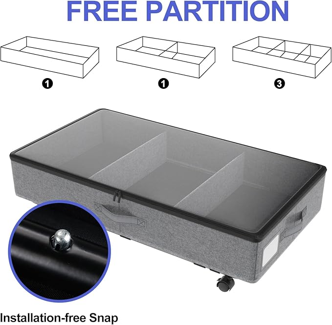 IUI Under Bed Storage with Wheels, 50L Capacity Under Bed Storage Containers, Under Bed Clothes Storage Containers with Clear Lid, Under Bed Storage Bins for Clothes,Shoes,Books,Toys,Gray,2 Pack-Ruum Studio Home