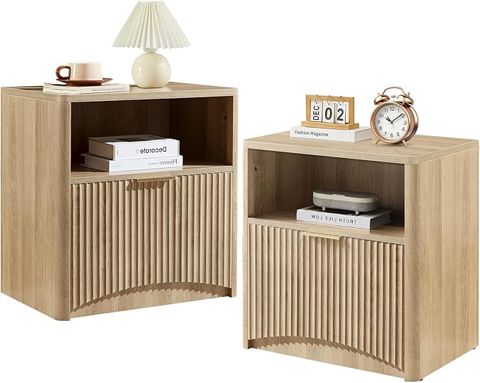 Fluted Nightstand Set of 2, Natural Oak Bedside Table with Drawer and Storage, Wood End Table Mid Century Modern, Large Night Stand for Bedroom-Ruum Studio Home