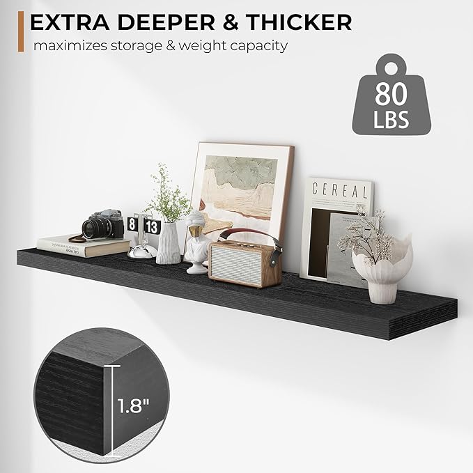 Fun Memories Floating Shelves - 12 Inch Rustic Wooden Wall Shelves - Extra Deeper & Thicker Wall Mounted Storage Shelf for Living Room, Kitchen, Farmhouse - 55" W x 12" D x 1.8" H - Rustic Black-Ruum Studio Home