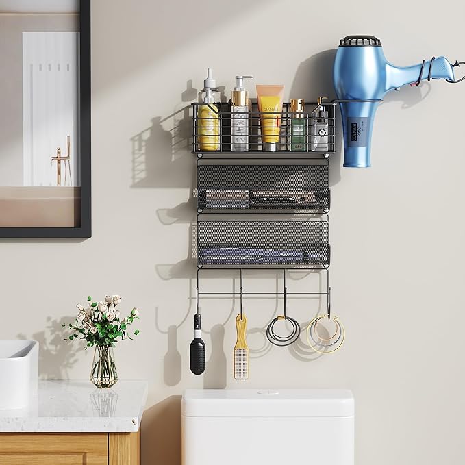 VITVITI Metal Hair Tool Organizer Wall Mount, Hair Dryer Holder with 3 Tier Shelf Basket Hooks, Bathroom Hair Styling Tool Organizer for Curling Iron/Blow Dryer/Straightener, Matte Black-Ruum Studio Home