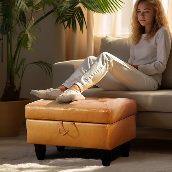 Ottoman Rectangular Storage Ottoman Bench, Faux Leather Footrest, Coffee Table, Stool Footstool with Hinged Lid for Living Room, Bedroom, Entryway, Orange, 28.5"x19"x17.5"-Ruum Studio Home