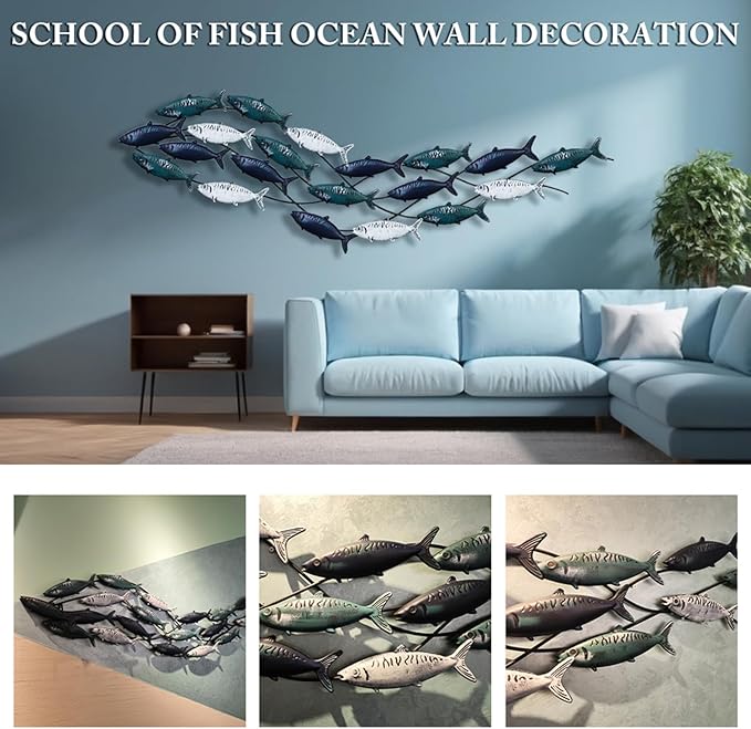 Coastal Metal Fish Wall Decor, Large Nautical Fish Wall Décor,School of 20 Fish Wall Art,3D Fish Wall Sculpture,Fish Metallic Art Decor,Perfect for Living Room,Bedroom,Beach Or Boat Decor,59" X 16.5"-Ruum Studio Home