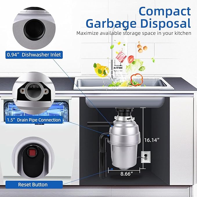 Powerful 3/4HP Stainless Steel Garbage Disposer, Dishwasher-Friendly and Continuous Feeding Waste Disposer, Grinding Material Four-Stage Grinding, Silver-Ruum Studio Home
