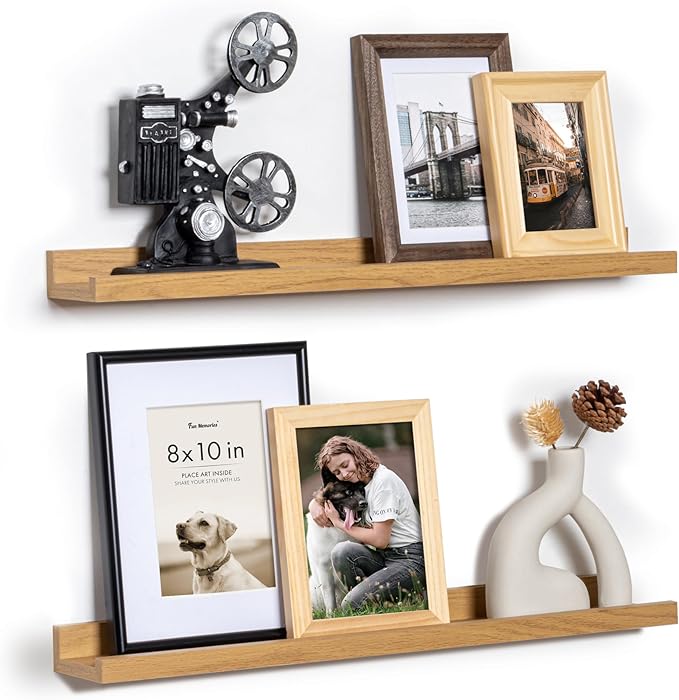 Fun Memories Picture Ledge Shelf, 24 Inch Floating Shelves Set of 2, Nursery Book Shelves for Toys Storage, Kids Bookshelf Wall Mounted for Wall Decor Books Photo Frames, Oak-Ruum Studio Home