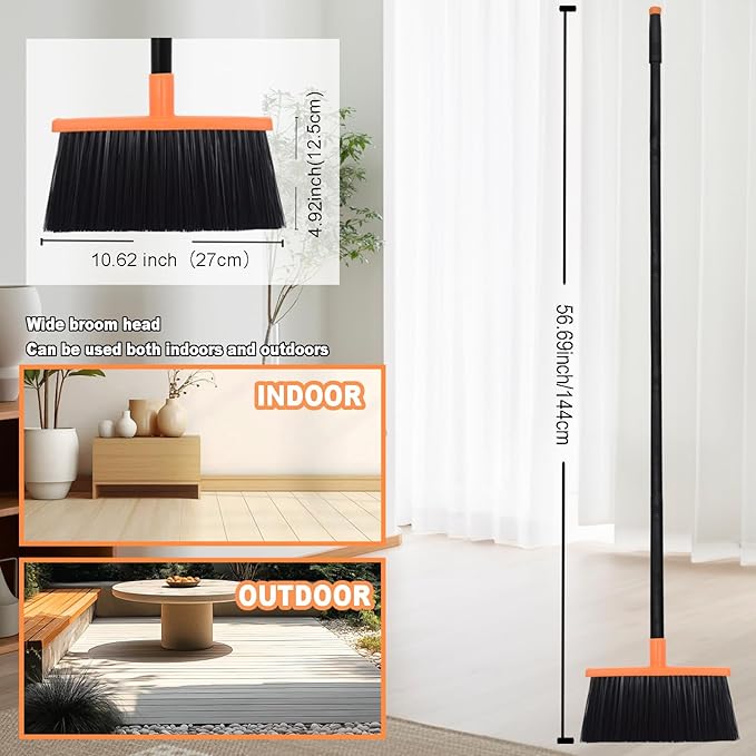 Small Broom Stiff Bristles Brush with Long Handle Indoor or Outdoor Compact Broom for Sweeping Patio Garage Garden,Deck,Concrete Floor,Bathroom (Orange)-Ruum Studio Home