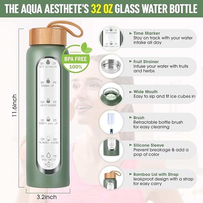 Aqulea Glass Water Bottles 32 Oz with Silicone Sleeve - BPA Free Reusable Wide Mouth Glass Motivational Water Bottles with Fruit Infuser – Leak Proof Borosilicate Water Bottle with Time Marker (Green)-Ruum Studio Home