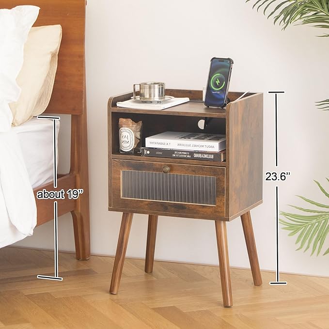 AWASEN Mid Century Night Stand with Charging Station, Wood Bedside Table with Glass Drawer, Small Modern Nightstand End Side Table with 2 Tiers Storage for Bedroom, Office(Rustic Brown)-Ruum Studio Home