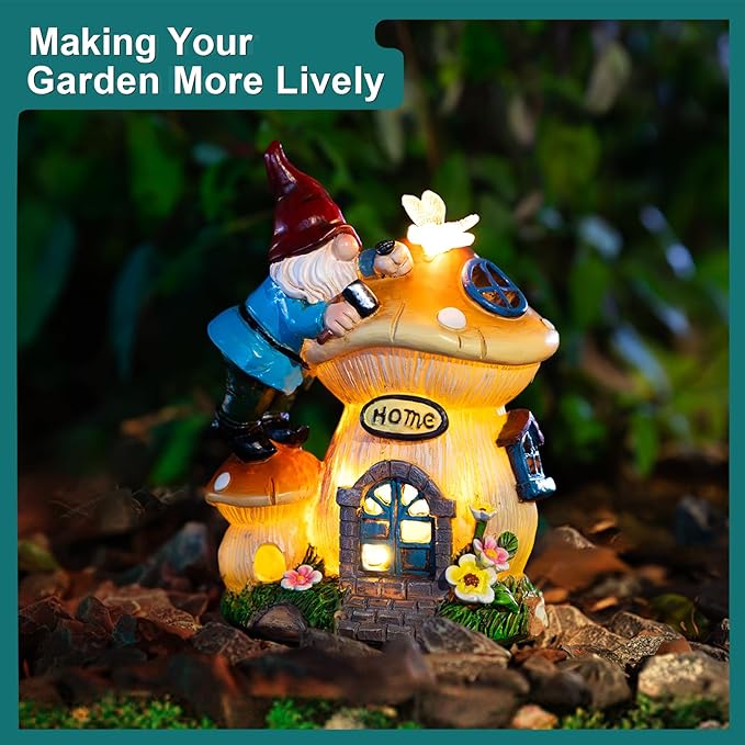 Garden Gnome Statues Figurine Lights - Solar Powered Lighting Outdoor Decorations, Gnome Build Mushroom Fairy House, Yard Art Lawn Ornaments for Porch Patio Balcony - Gnome Gifts for Women Mom-Ruum Studio Home