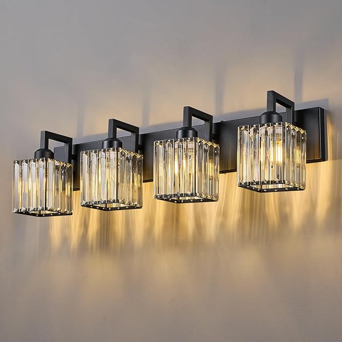 Modern Crystal Bathroom Vanity Light 4-Lights Black Modern Crystal Wall Lamp Bathroom Modern Crystal Vanity Lighting-Ruum Studio Home