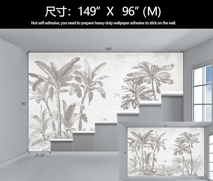Gray Jungle Landscape Wallpaper Mural Tropical Banana Leaf Wall Mural (Not Peel and Stick)-Ruum Studio Home