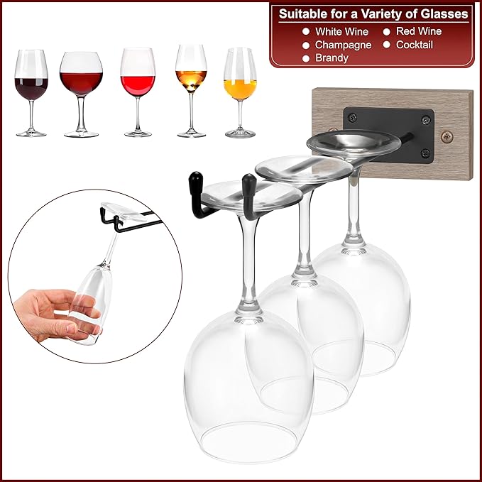 Sorbus Wall Mounted Wine Glass Stemware Rack Set - Wire & Wood Wine Rack Wall Mounted for Wine Glasses, Champagne Glasses, and Drinkware - Complete Your Home Bar & Kitchen Storage, Grey-Ruum Studio Home