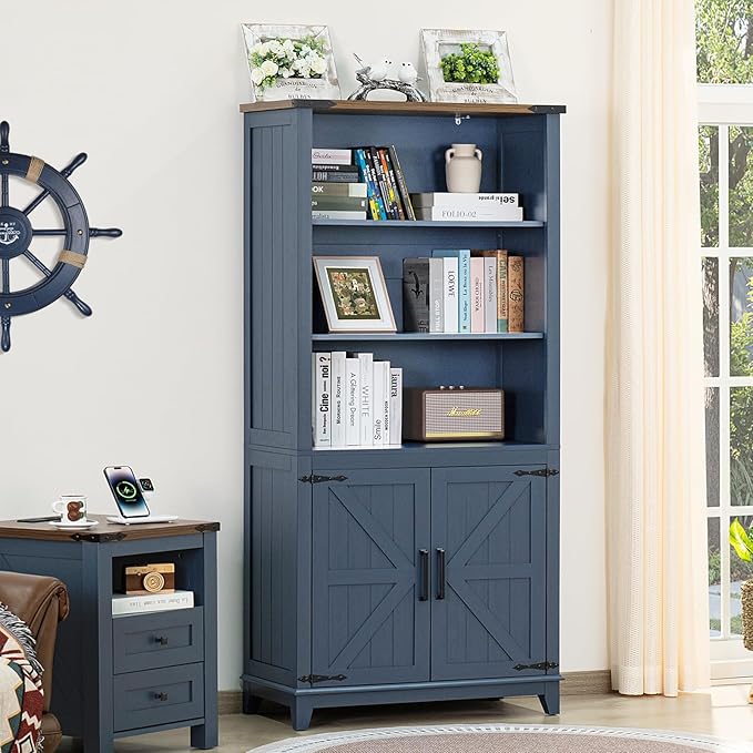 70in Tall Bookshelf 5 Tier Bookcase with Barn Doors and Adjustable Shelves, Blue Farmhouse Book Shelf with Storage Cabinet, Wood Freestanding Display Bookshelves for Bedroom, Living Room-Ruum Studio Home