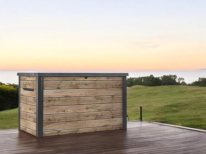 Outdoor Storage Box, Wood-Look Resin Deck Container, Indoor/Outdoor Storage, Ash Wood Brown (230 Gallon)-Ruum Studio Home