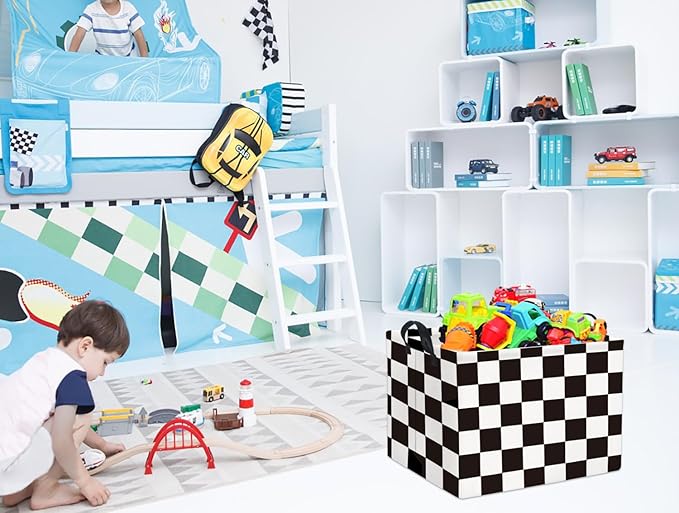 HIYAGON Rectangular Car Basket for Boys Checkered Basket Kids Baby Storage Bin Toy Organizer Box Car Room Decor(Racing Flag)-Ruum Studio Home