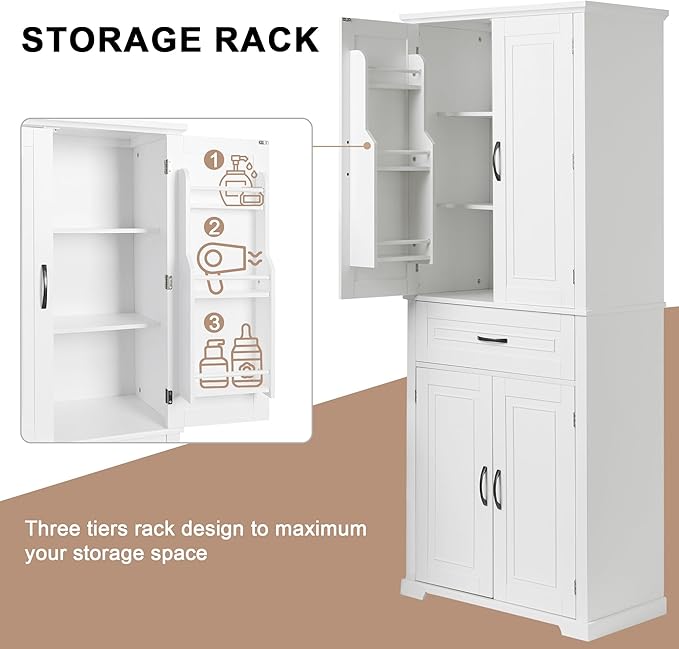 72.2" Tall Storage Cabinet with 4 Doors and Drawer, Freestanding Linen Cabinet, Wooden Pantry with Adjustable Shelf for Kitchen, Bathroom, Living Room White-Ruum Studio Home