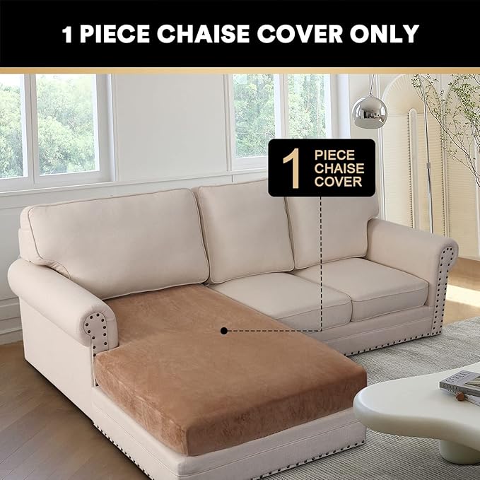 PrinceDeco Sectional Couch Covers Velvet Couch Cover for Dogs Washable L Shaped Couch Cover 1 Piece Individual Sectional Couch Covers with Elastic Bottom(Chaise Lounge,Camel)-Ruum Studio Home