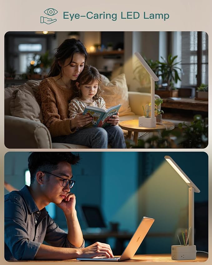 Addtam LED Desk Lamp with Pen Holder, Study Lamps with 3 Outlets 4 USB Charging Ports(2 USBC), 3 Color Modes Desk Light Touch Lamp, Small Desk Lamps for Home Office College Dorm Room Essentials-Ruum Studio Home