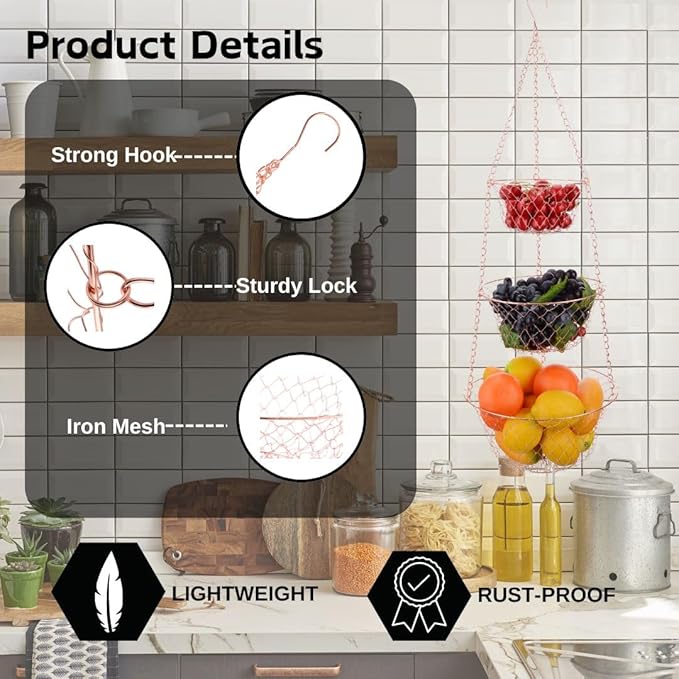 IBERG 3-Tier Fruit Basket Hanging Baskets for Storage - Kitchen Bathroom Organizer (Copper)-Ruum Studio Home