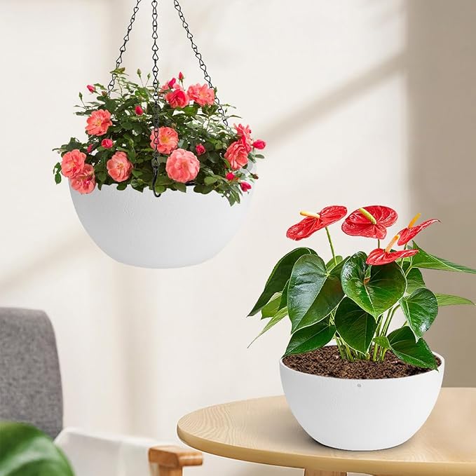 12 inch Hanging Planters for Indoor Plants, 2 Pack Planters for Outdoor Plants with Drainage Holes and Chain, Round Plastic Hanging Baskets, Hanging Flower Pots for Balcony Garden Decor-White-Ruum Studio Home