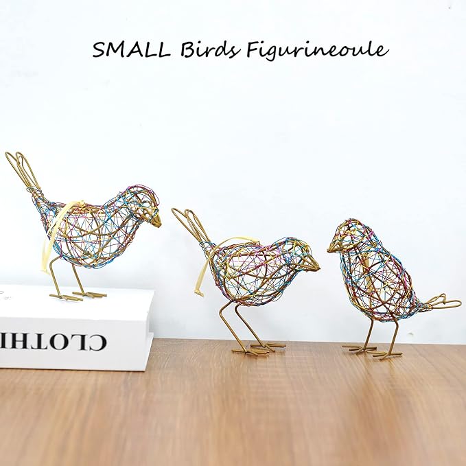 Modern Table Decor Set of 3 - Handmade Metal Bird Sculptures with Colorful Wire Weaving, Multi-Pose Rustic Home Accent & Christmas Tree Ornaments-Ruum Studio Home