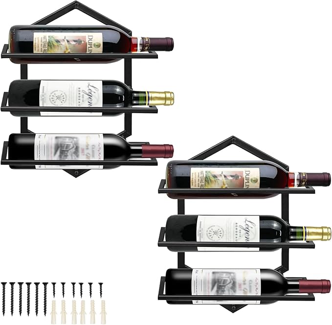 2Pcs Wall Mounted Wine Stemware Rack, Metal Hanging Wine Glass Display Holde Holds 3 Bottles, Elegant Storage for Kitchen Dining Room Bar Wine Cellar-Ruum Studio Home